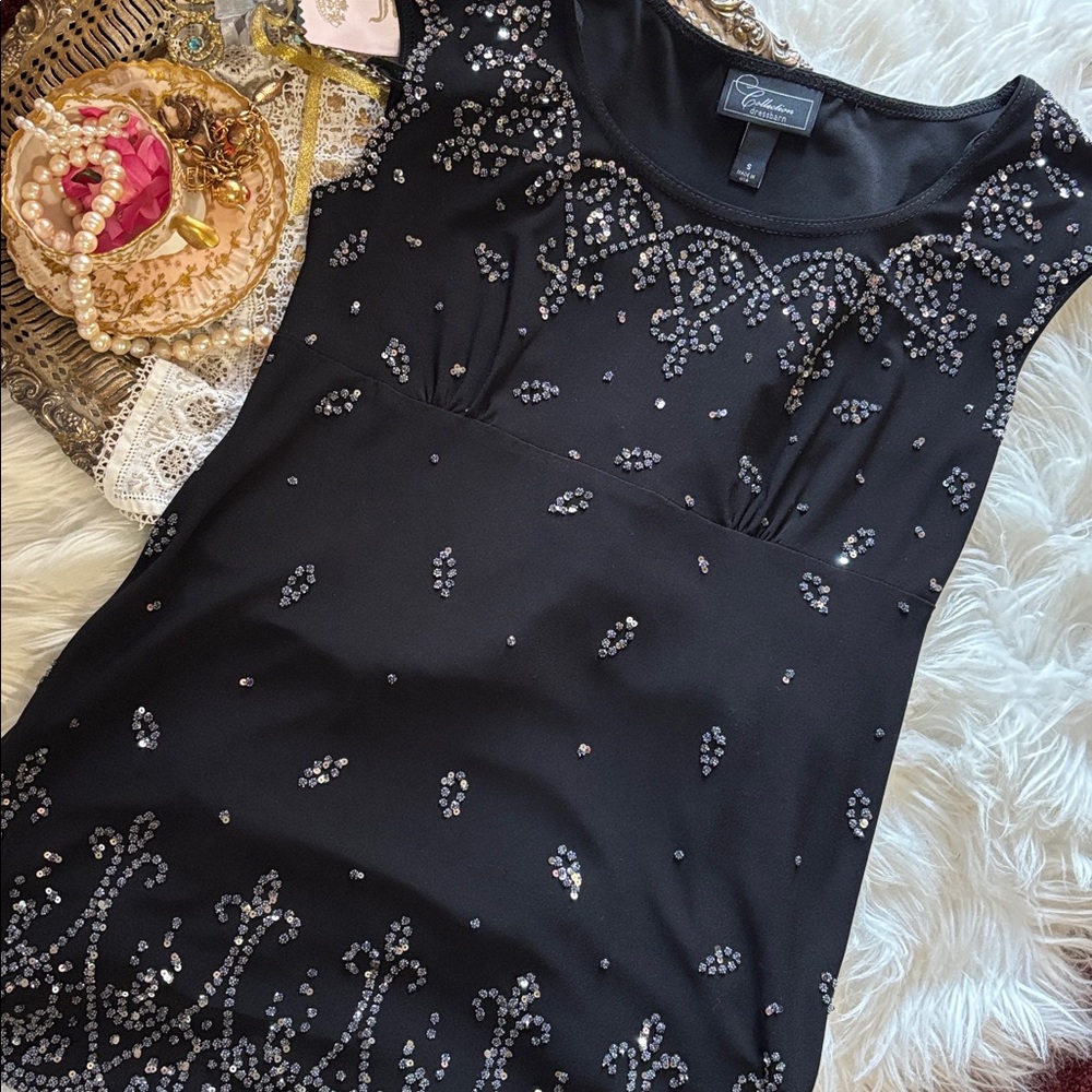 Vintage Y2K Crystal Babydoll Top Embellished Black Milkmaid Sparkle 90s Blouse S